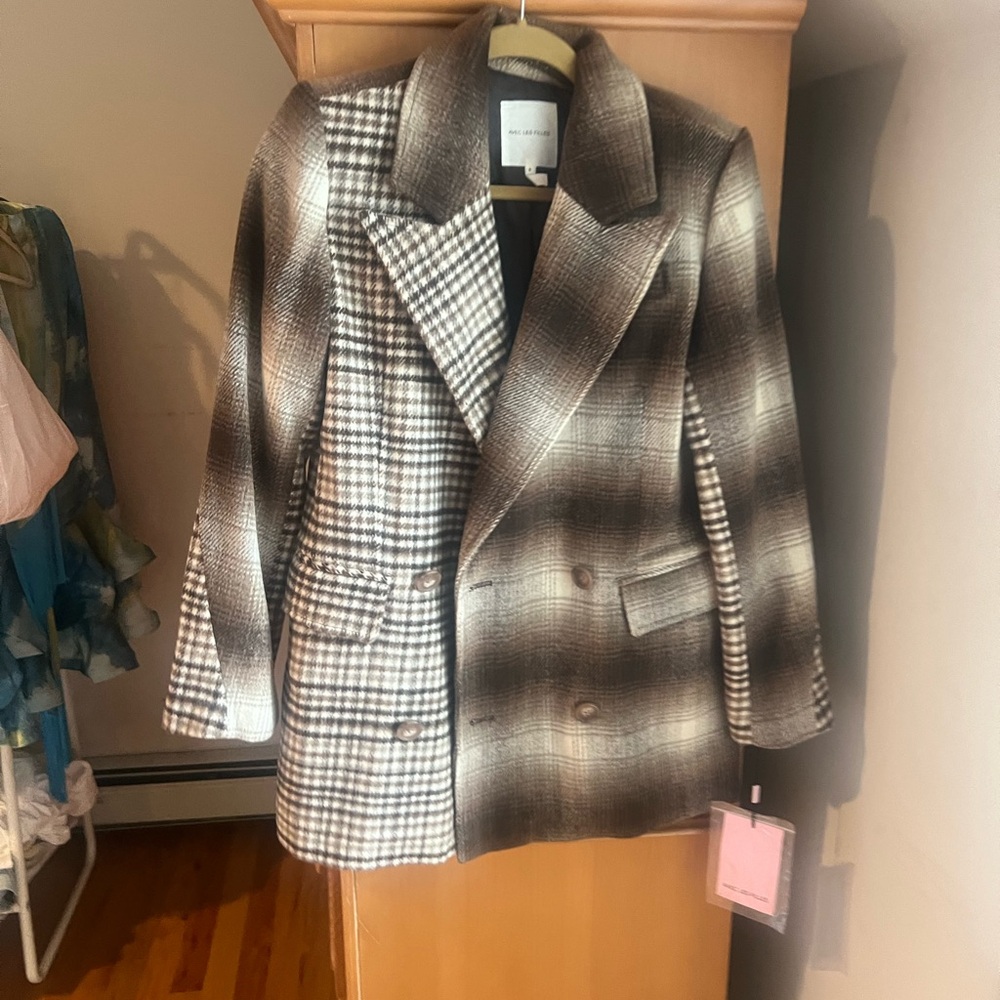 NWOT AVEC LES FILLES Oversized Brown and Tan Plaid Wool Blend Coat
